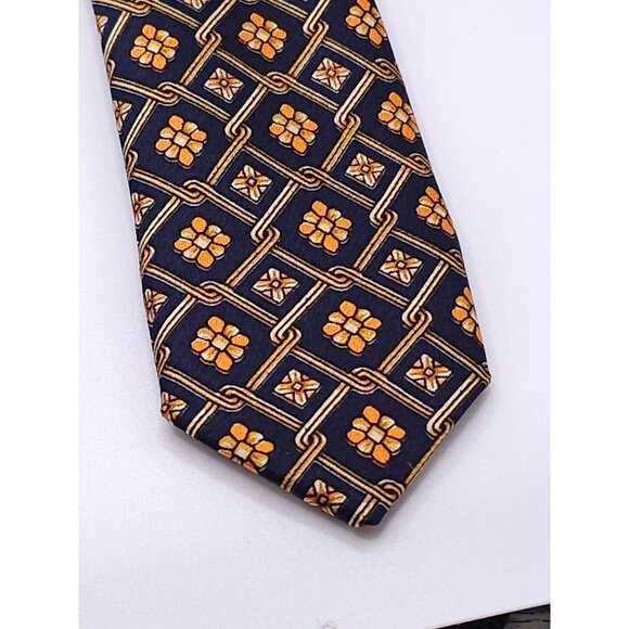 Paco Rabanne Mens Silk Tie Geometric Floral Pattern Navy & Gold Made In Italy - Picture 11 of 13